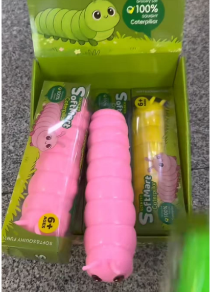 Original supplier photo: Pink caterpillar squishy with a long segmented body and small feelers
