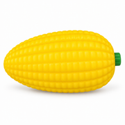 AI-enhanced image: Plump yellow corn squishy with moulded kernel rows and a short green stem; original supplied photo included