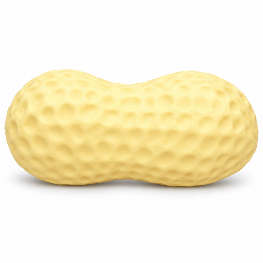 AI-enhanced image: Pale cream jumbo peanut-shaped squishy with a dimpled shell texture; original supplied photo included