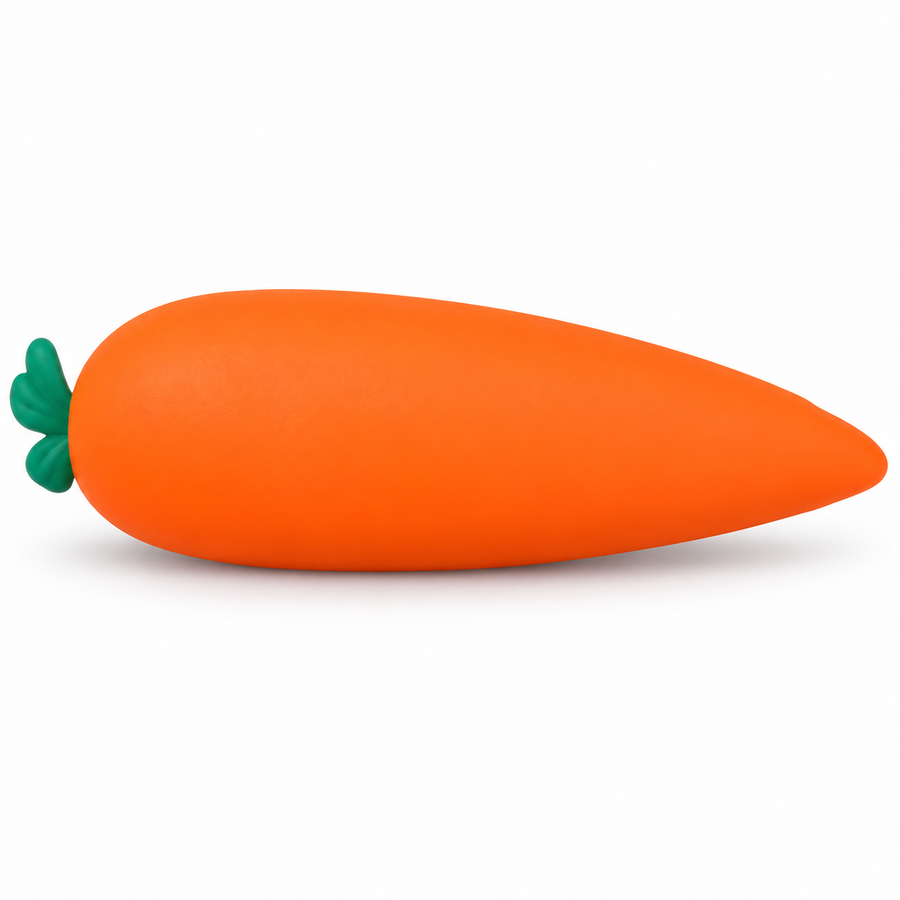 AI-enhanced image: Smooth orange carrot squishy with a small green leaf tuft; original supplied photo included