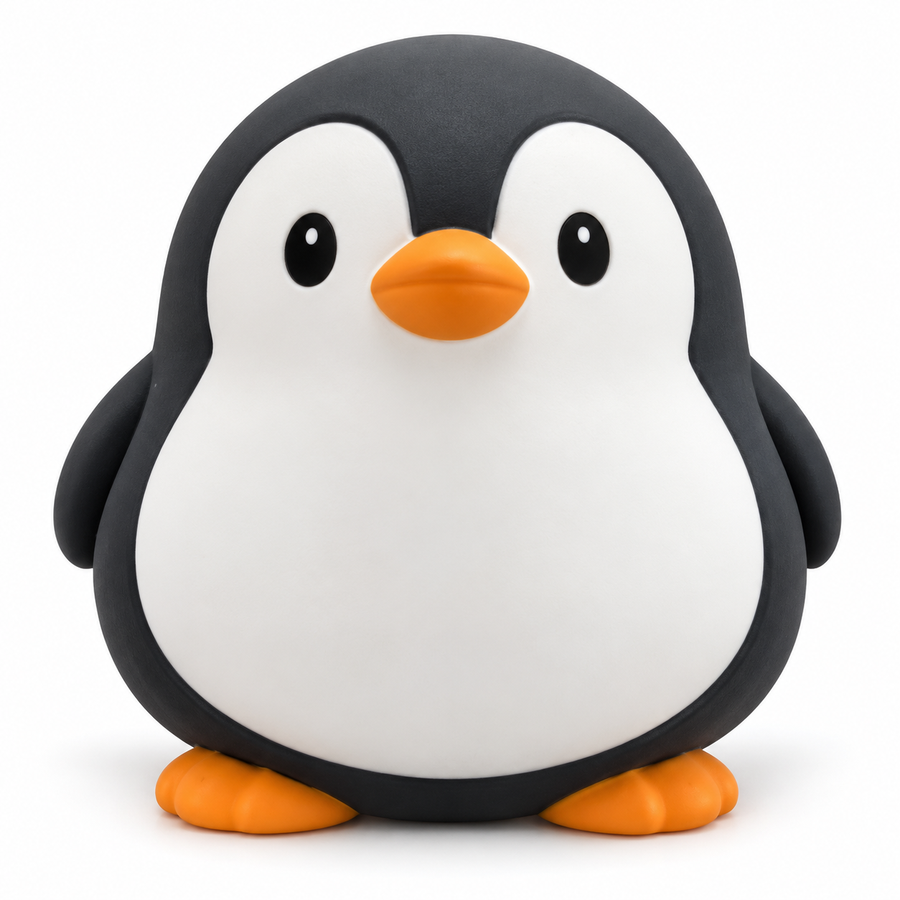 AI-enhanced image: Charcoal and white penguin squishy with an orange beak and orange feet; original supplied photo included