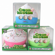 AI-enhanced image: Ice cream swirl squishies with white speckled tops and blue, pink or green ribbed bases; original supplied photo included