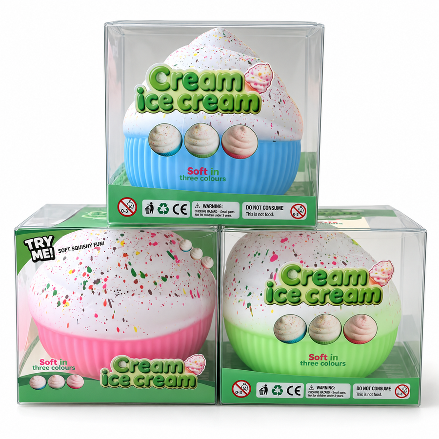 AI-enhanced image: Ice cream swirl squishies with white speckled tops and blue, pink or green ribbed bases; original supplied photo included