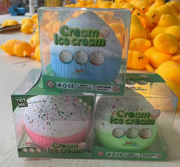 Original supplier photo: Ice cream swirl squishies with white speckled tops and blue, pink or green ribbed bases