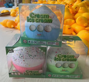 Original supplier photo: Ice cream swirl squishies with white speckled tops and blue, pink or green ribbed bases