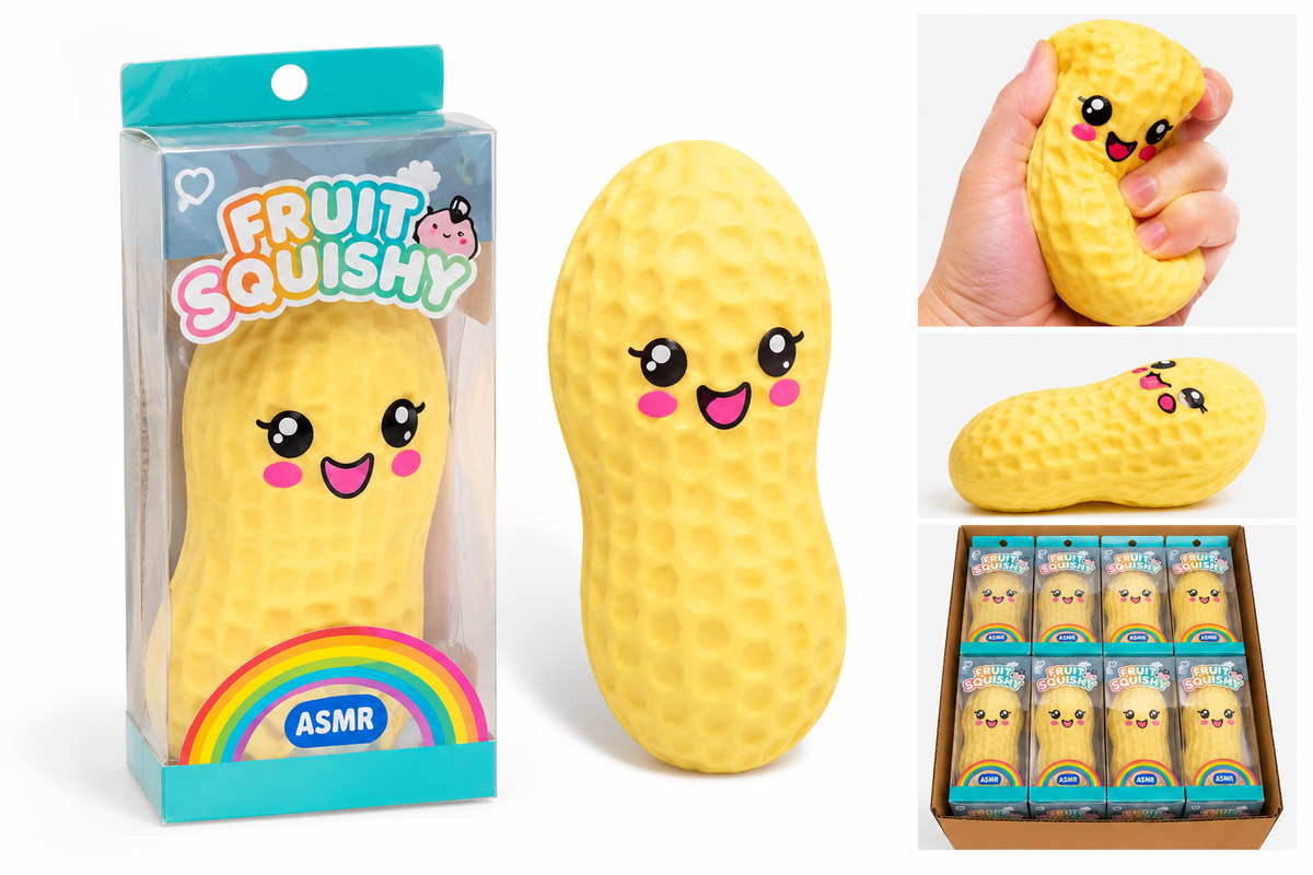 Crunchy peanut Fruit Squishy toy, smiling yellow peanut-shaped squishy with retail pack and detail views